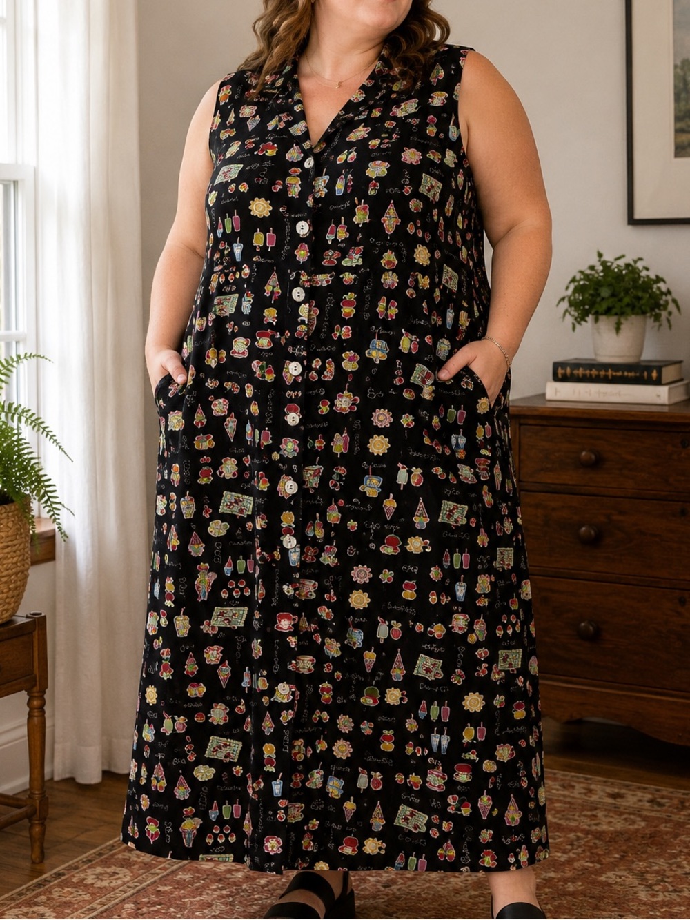 Vintage California Concepts 24 Black Novelty Print Sleeveless Maxi Dress Fruit C